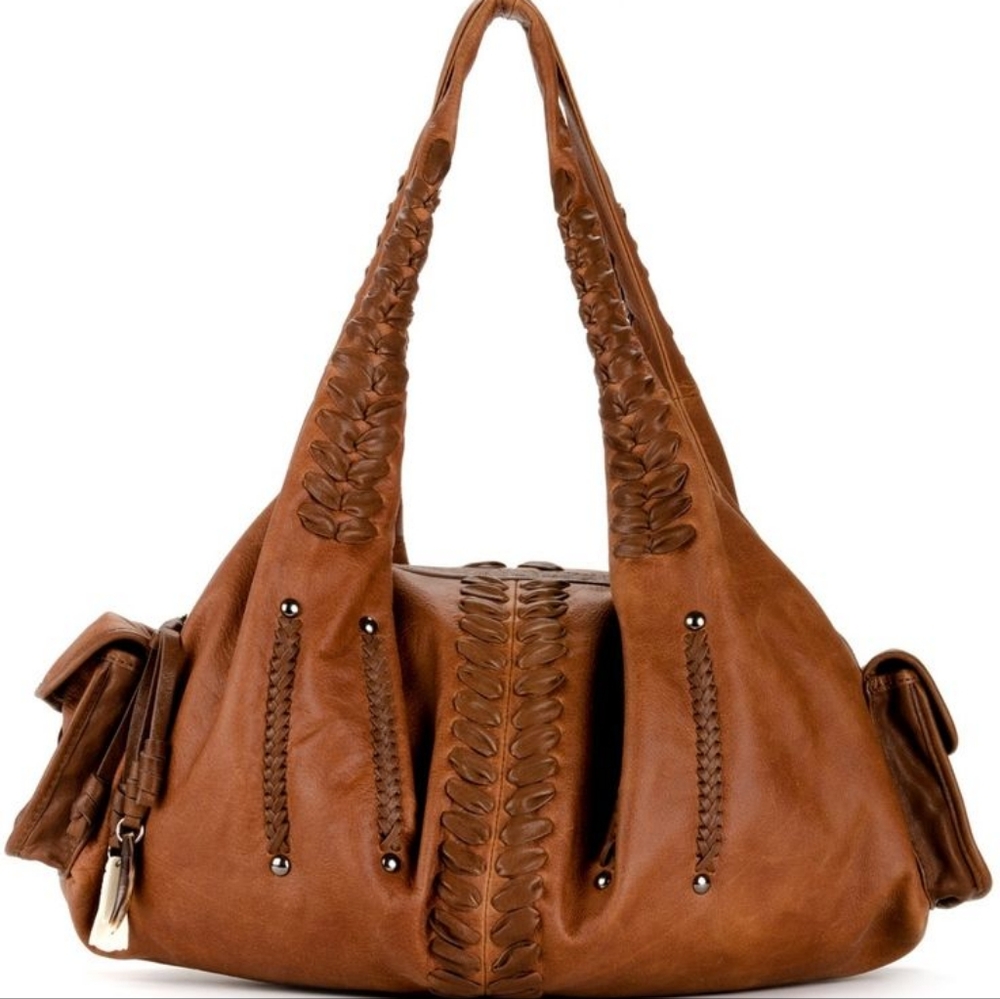 Isabella Fiora, large Hobo Bag, Warm Tan w/ Darker Brown Braided Leather.